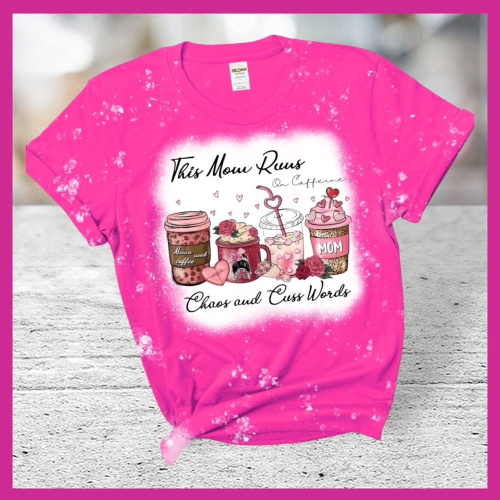 New Custom Bleached This Mom Runs On Caffeine Chaos & Cuss Words Tee Size Large